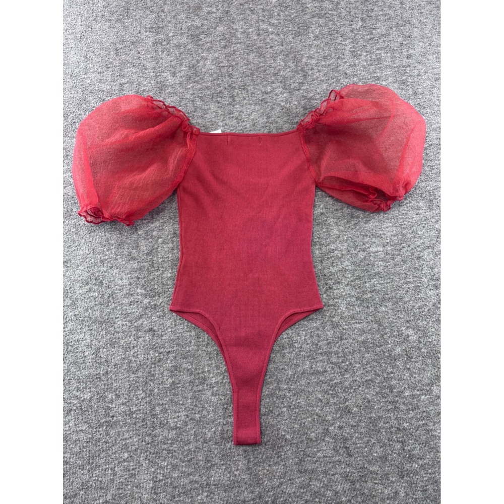 ASTR The Label Wine Red Puff Sleeve‎ Bodysuit Ribbed Knit  Small NEW - Picture 6 of 6